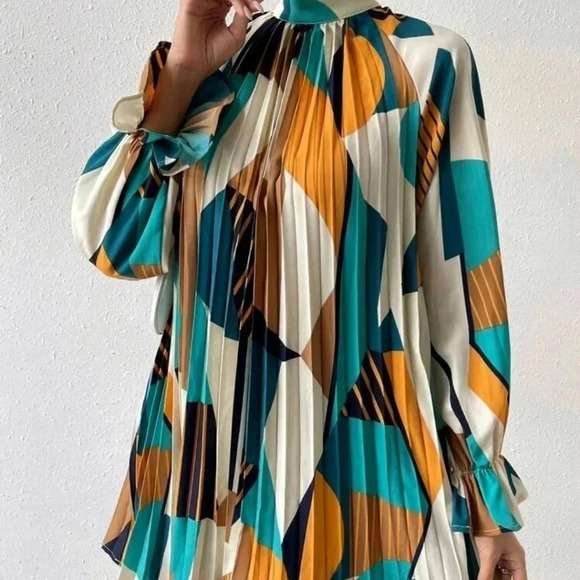 Geo Print Flare Sleeve Pleated Detail Mock Neck Dress - Picture 1 of 5